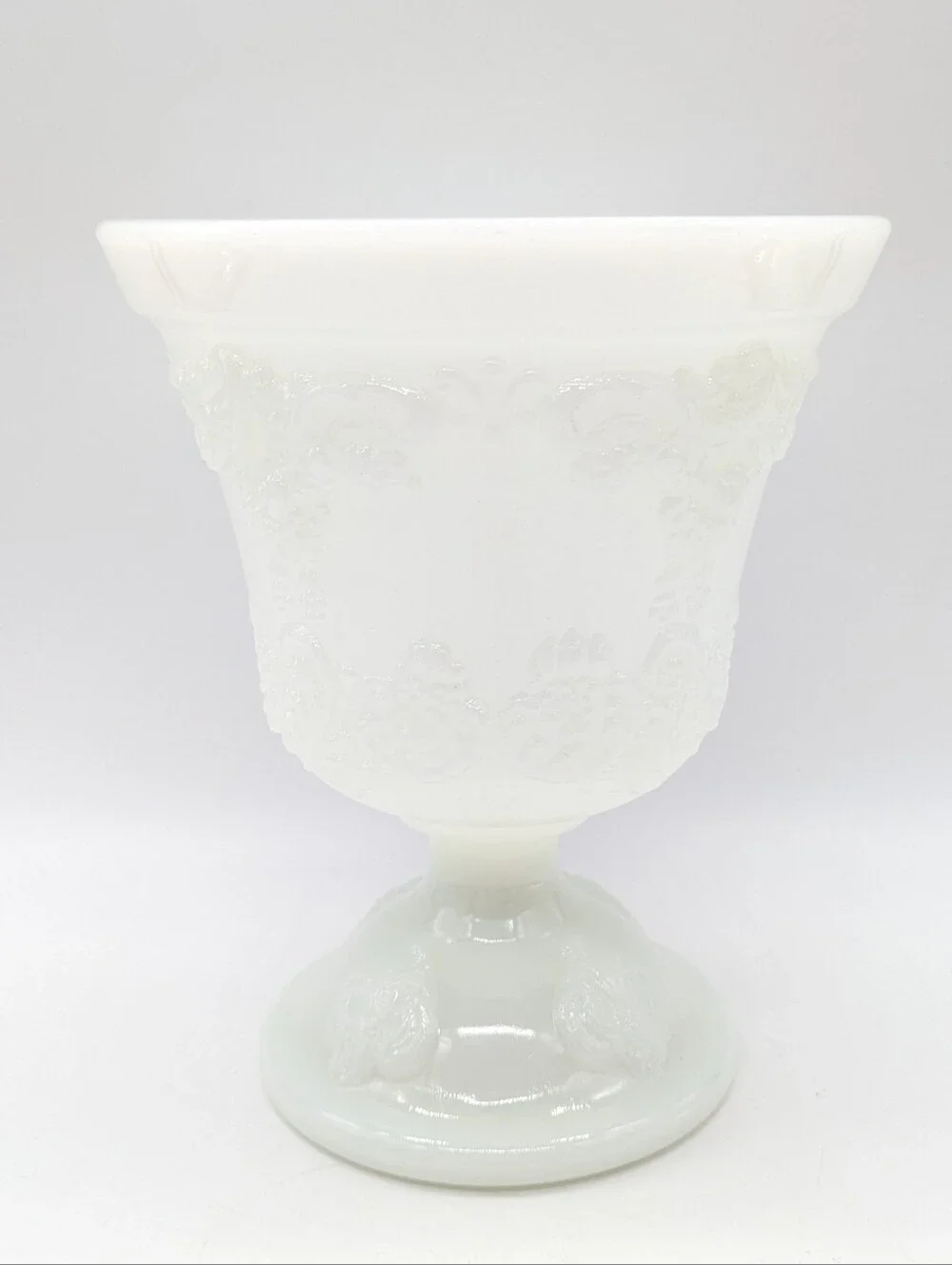 Vintage EO Brody White Milk Glass Floral & Grapevine Embossed Footed Vase